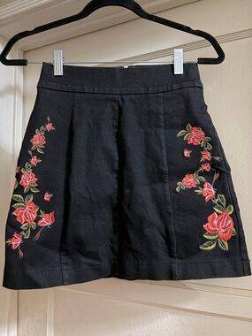 Black Mini Skirt with Coral Rose Embroidery